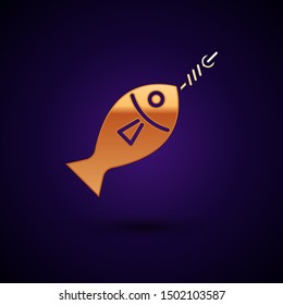 Gold Fish on hook icon isolated on dark blue background.  Vector Illustration