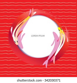 Gold fish on red circle frame - koi carps in red zen circle. Bright red background with waves. As background, border, cover,design element, flyer.Vector circle frame, inspired by Chinese culture.