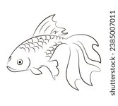 Gold fish one line drawing. Fantastic fish logo. Fairy cartoon fish icon. Linear sketch style on white background. Line draw vector graphic illustration. Simple hand drawn, isolated vector clipart.