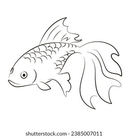 Gold fish one line drawing. Fantastic fish logo. Fairy cartoon fish icon. Linear sketch style on white background. Line draw vector graphic illustration. Simple hand drawn, isolated vector clipart.