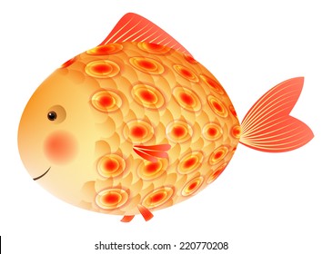 Gold fish with a pattern on the scales. Children's illustration. On white background.