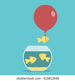 Gold fish and red balloon flying away from fishbowl on turquoise blue background. Round aquarium. Courage, creativity, success and risk concept. EPS 8 vector illustration, no transparency