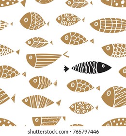 Gold fish.  Seamless pattern with cute fish. Sea background.