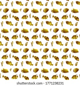 Gold Fish Seamless Pattern. Vector Illustration of Sea Background.