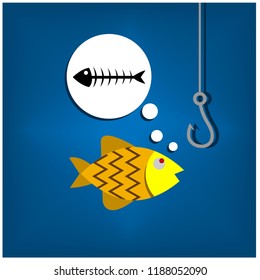 Gold fish, fish skeleton, and fishhook. Vector illustration design.