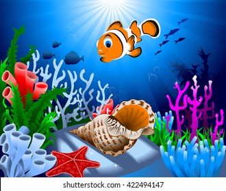 gold fish and starfish on the ocean floor, including coral