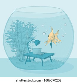 Gold fish swiming in a circular tank, aquarium. Illustration with desk, notebook, light, plant. Home office, working at home illustration. 