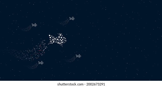 A gold fish symbol filled with dots flies through the stars leaving a trail behind. Four small symbols around. Empty space for text on the right. Vector illustration on dark blue background with stars