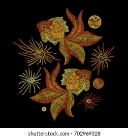 gold fish. Traditional folk stylish stylish floral embroidery on the black background. Sketch for printing on fabric, clothing, bag, accessories and design. Vector, trend