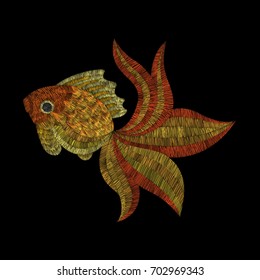 gold fish. Traditional folk stylish stylish floral embroidery on the black background. Sketch for printing on fabric, clothing, bag, accessories and design. Vector, trend