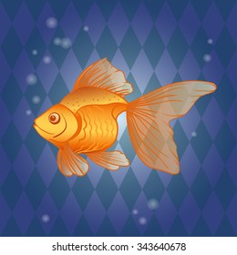 Gold fish with transparent tail on blue geometric seamless background. Vector illustration.