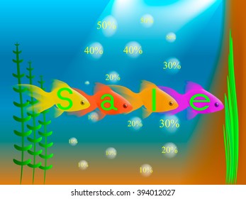 Gold fish under water with the word sell, the bubbles rise with numbers