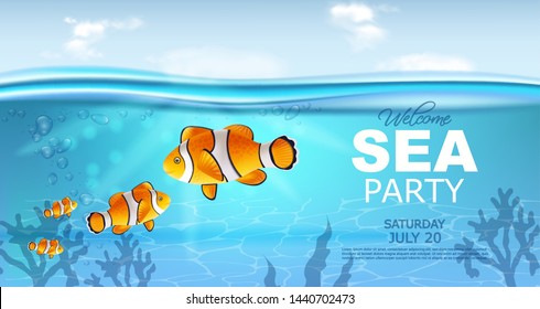 Gold fish underwater Vector realistic. Sea life small fish. Ocean background