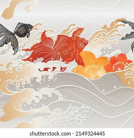 Gold fish vector and Japanese background   Hand drawn wave element and Oriental natural ocean seamless pattern   Abstract art banner design in vintage style  