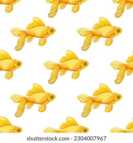 Gold Fish Watercolor Cartoon Illustration Isolated on White Background. Aquarium gold fish tank with beautiful tail and paddles in yellow and orange. Tropical goldfish home pet seamless pattern