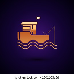 Gold Fishing boat with fishing rod on water icon isolated on dark blue background.  Vector Illustration