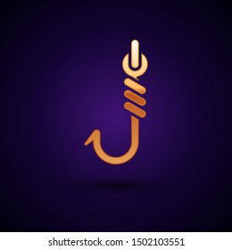 Gold Fishing hook icon isolated on dark blue background. Fishing tackle.  Vector Illustration