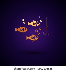 Gold Fishing hook under water with fish icon isolated on dark blue background. Fishing tackle.  Vector Illustration