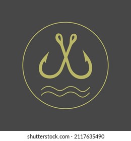 Gold fishing hook vector sticker. Emblem for your fishing boat. Logo for fish buisness. Black background. 