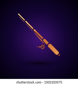 Gold Fishing rod icon isolated on dark blue background. Fishing equipment and fish farming topics.  Vector Illustration