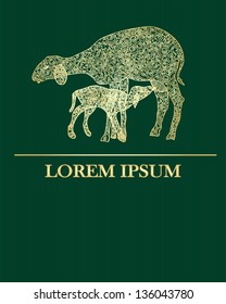 Gold fishnet sheep with lamb on green background  Vector format.