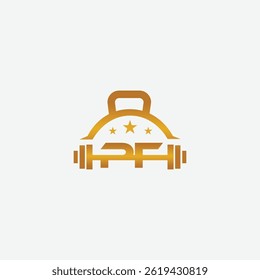 Gold Fitness Logo with PF Initials Integrating Barbell and Kettlebell Shapes