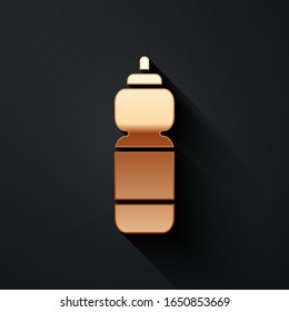 Gold Fitness shaker icon isolated on black background. Sports shaker bottle with lid for water and protein cocktails. Long shadow style. Vector Illustration