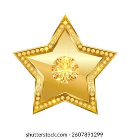 Gold five pointed star with diamonds. Vector illustration isolated on white background