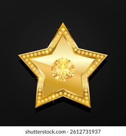 Gold five pointed star with diamonds. Vector illustration isolated on black background