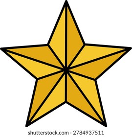 Золотая пятиконечная звезда с геометрическими гранями и черным контуром в стиле рисованного вручную дудла, классический символ звезды мультфильм икона векторная иллюстрация изолирована на белом фоне для награждения рейтинг Рождество и концепция дизайна празднования