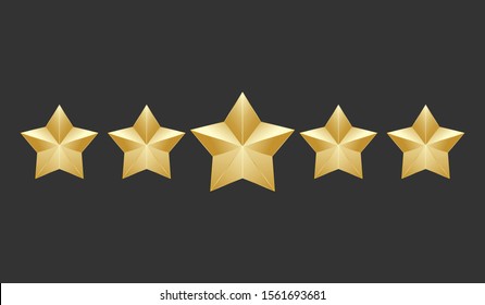 Gold five shape stars quality icon on a dark background. 5 gradient rating stars. EPS 10 vector rank illustration