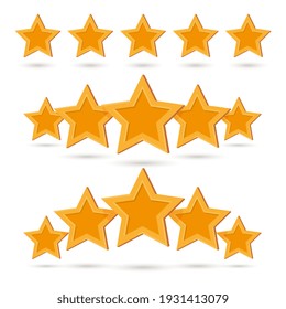 Gold five star quality product appraisal insignia mark set. Positive feedback evaluation, rate class, excellence grade and high ranking vector illustration isolated on white background