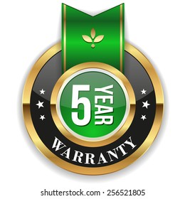 Gold five year warranty badge with green ribbon on white background