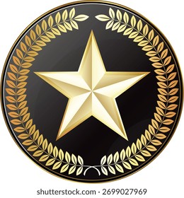 Estrella dorada de cinco puntas en un círculo negro con una corona de laurel