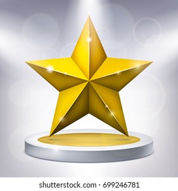 Goldener fünfzackiger Stern auf dem beleuchteten Podium, Prämiensockel, Geometrieform, Vektordesign für Ihr Projekt