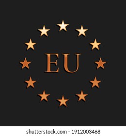 Goldene Flagge der Europäischen Union Symbol einzeln auf schwarzem Hintergrund. EU-Kreissymbol. Wachende EU-Flagge. Lange Schattenstil. Vektorgrafik.