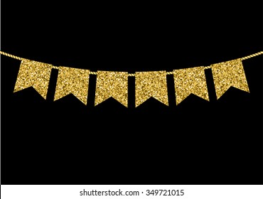 Gold flag  garlands made of  glitter texture. 