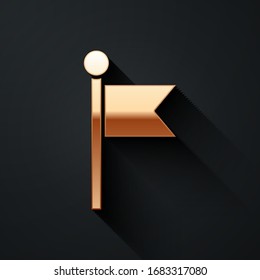 Gold Flag icon isolated on black background. Location marker symbol. Long shadow style. Vector Illustration