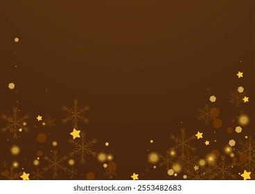 Gold Flake Vector Brown Background. Luminous Shine Snowflake Backdrop. Bokeh Stars Card. Minimal Snowfall Banner.