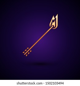 Gold Flame arrow icon isolated on dark blue background. Hipster arrow icon.  Vector Illustration