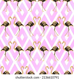 Gold Flamingo Seamless Pattern Vector with Pink Geometric Rhombus Shapes 