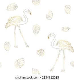 Gold flamingos and monstera leaves line seamless pattern. Random overlap exotic wading birds flock flamboyance. Detailed beaks, necks, feather, body. Standing posture. Zoo bird park. Vector design ill