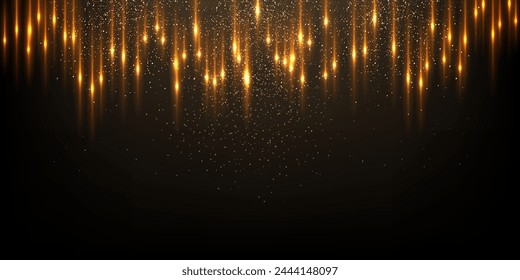 Gold flash rays and sparks with glow light effect vector illustration. Realistic 3D shiny golden fiery flares, precious jewelry and abstract star dust glowing on black background.