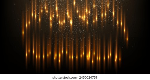 Gold flash rays and sparks with glow light effect vector illustration. Realistic 3D shiny golden fiery flares, precious jewelry and abstract star dust glowing on black background.