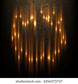 Gold flash rays and sparks with glow light effect vector illustration. Realistic 3D shiny golden fiery flares, precious jewelry and abstract star dust glowing on black background.