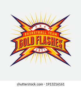 "Gold Flashes" sport team logo. Circle shield, letters and flashes or lightning. Emblem for sport team, equipment, clothes, sport club.