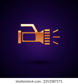 Gold Flashlight for diver icon isolated on black background. Diving underwater equipment.  Vector