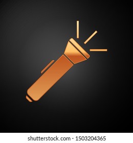 Gold Flashlight icon isolated on black background.  Vector Illustration