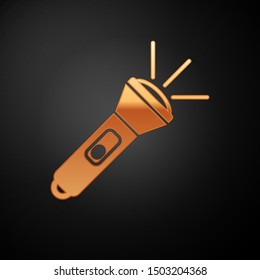 Gold Flashlight icon isolated on black background.  Vector Illustration