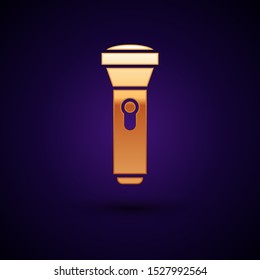 Gold Flashlight icon isolated on dark blue background.  Vector Illustration